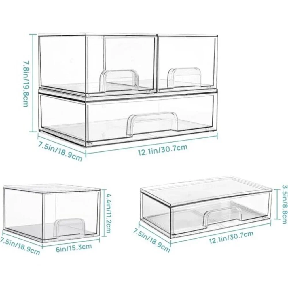 New Set of 3 Stackable Storage Drawers, Clear Bins for Makeup & Bathroom Use
